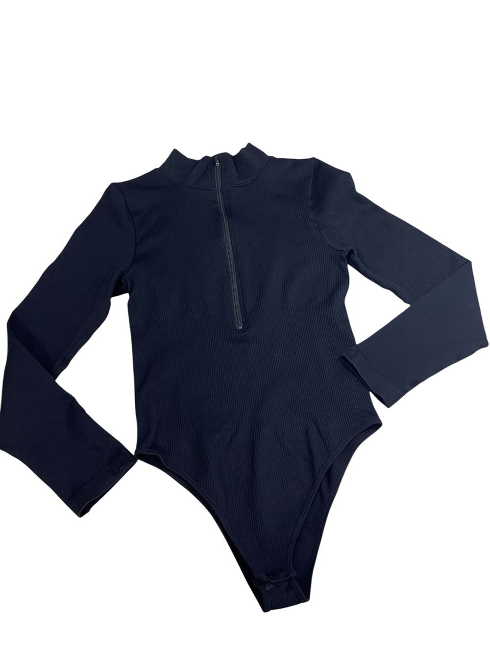 OQQ Black Ribbed Zip Front Long Sleeve Bodysuit large